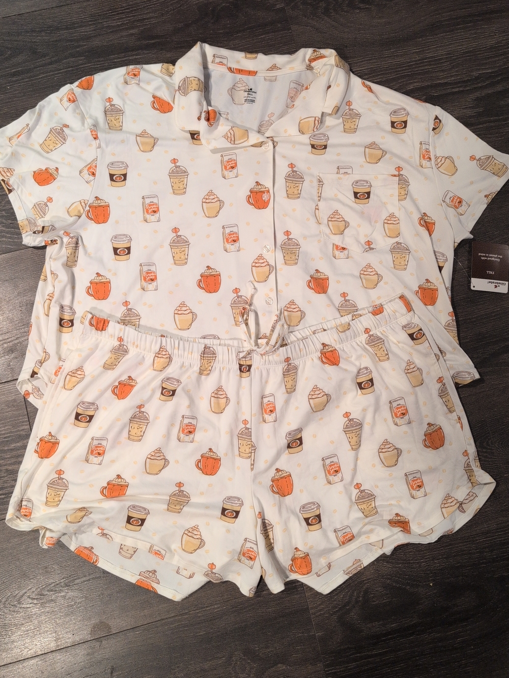 Fall Coffee Pumpkin Halloween Women's Notched Top and Shorts Pajama 2-Set 2X